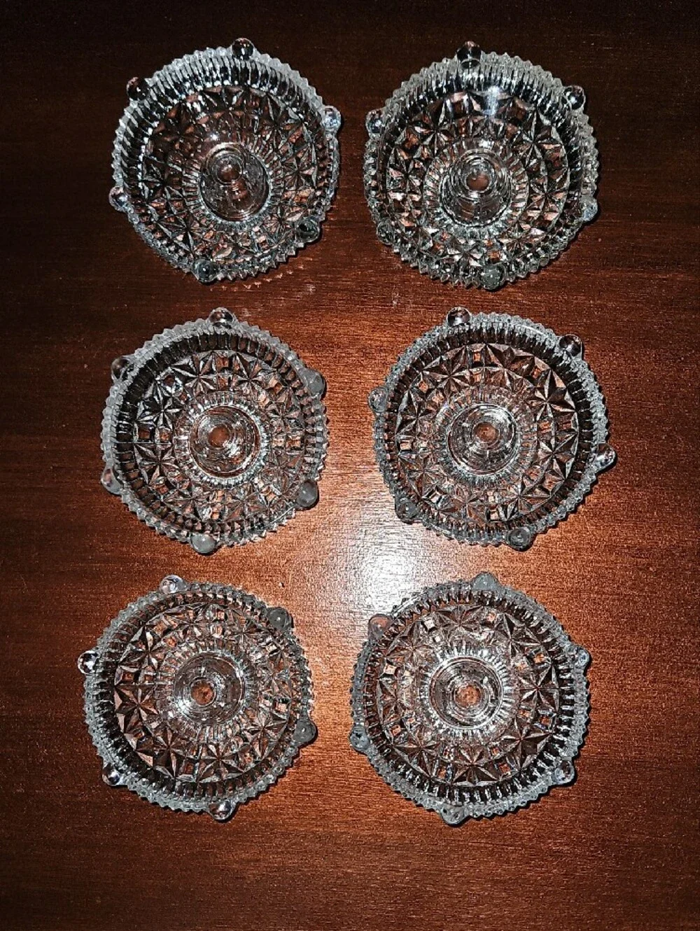 Set of 6 Footed Pressed Cut Glass Candle Stick Holders - Wedding Centerpiece